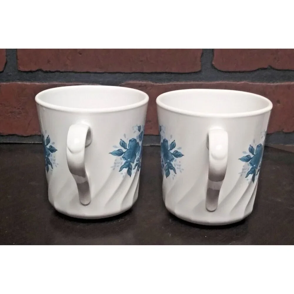 2 Vintage Corning Corelle Mugs Coffee cups Blue Velvet Rose Floral Pattern swirl